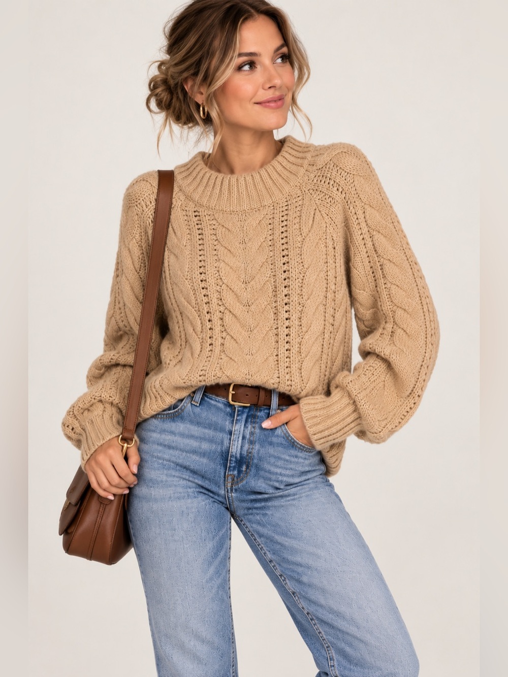 A New Day Women’s Small Tan Cable Knit Mock Neck Sweater Chunky Cozy Pullover